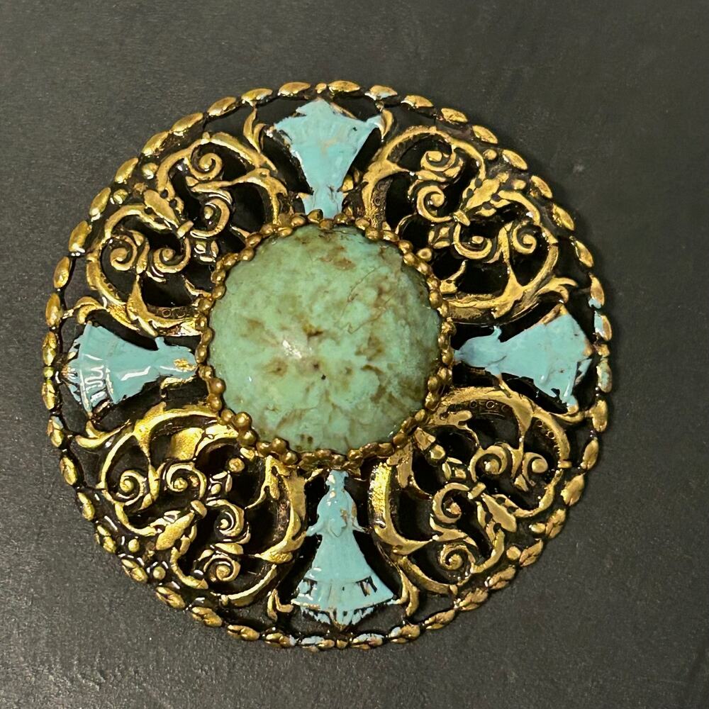 Antique Art Deco Brooch Filigree Faux Turquoise Stone Enamel Accents W.‎ Germany